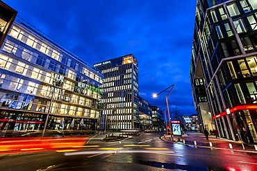 Twilight at Grosser Grasbrock street in Hafencity, Hamburg, Germany