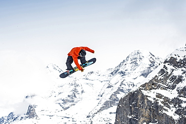 Freestyle skier in action, whitestyle open, freestyle competition, Muerren, canton of Bern, Switzerland