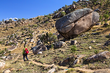 Hiker in Tsaranoro Valley, highlands, South Madagascar, Africa