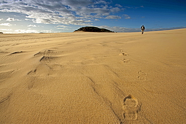 Person walking along the Thurra sand dunes, Croajingolong National Park, Victoria, Australia