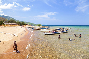 African children bathing, Kalilani village at lake Tanganyika, Mahale Mountains National Park, Tanzania, East Africa, Africa