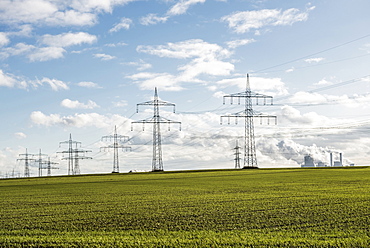 Power poles and coal power station Neurath near Grevenbroich, North Rhine-Westphalia, Germany