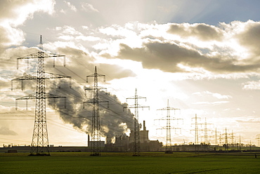 Power poles and coal power station Neurath near Grevenbroich, North Rhine-Westphalia, Germany