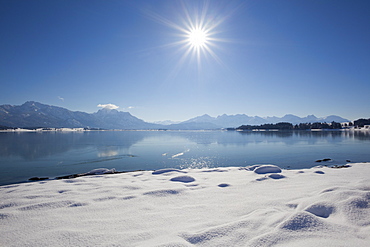 Lake Forggensee with view to the Allgaeu Alps with Tegelberg, Saeuling and Tannheimer Berge, Allgaeu, Bavaria, Germany