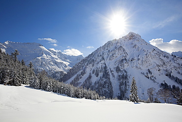 Winter landscape at Hintersteiner Tal, near Bad Hindelang, view to Giebel, Allgaeu, Bavaria, Germany