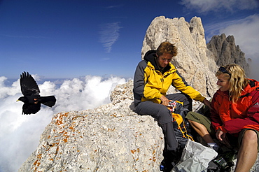 Couple having a rest at the mountain summit, Hiking tour in teh Rosengarten Mountain Range, Santnerpass, near Pozza di Fassa, Dolomites, South Tyrol, I5taly