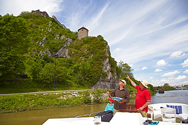 Houseboat on the Doubs-Rhine-Rhone-channel near Besancon, Fort, Doubs, Region Franche-Comte, France, Europe