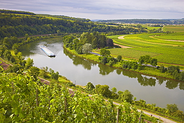 Frighter on the river Mosel between Germany and Luxembourg near Wehr, Germany, Luxembourg, Europe