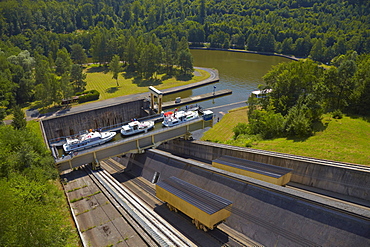 Houseboat, Inclined Slope of St Louis Arzviller, 44656m, Canal de la Marne au Rhin, Houseboat, Moselle, Region Alsace Lorraine, France, Europe