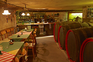 Shop and cellar of casks at Dreigiebelhaus winery Kroev, Mosel, Rhineland-Palatinate, Germany, Europe