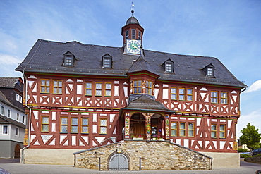 Portal with carvings in style of Hadamarer Barock, Historic Town hall from 1639, Half-timbered house, Hadamar, Westerwald, Hesse, Germany, Europe