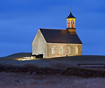 Hvalneskirkja church at dusk, Reykjanes, Island