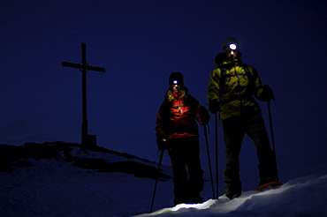 Snowshoeing on Hochgrat at night, Allgaeu Alps, Bavaria, Germany, Europe