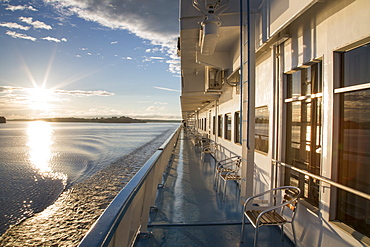 Deck of river cruise ship at sunset, Volga-Baltic Canal, Russia, Europe