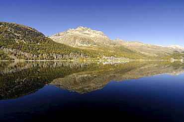 Lake Silvaplana with reflection of the mountains, Engadin, Grissons, Switzerland, Europe