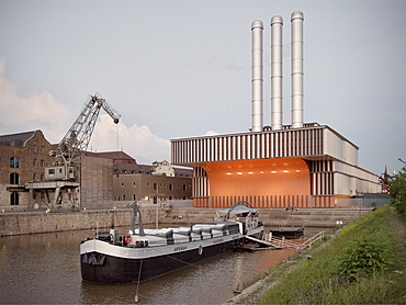 Heating plant, Kulturspeicher and Arte Noah art boat, Wuerzburg, Franconia, Bavaria, Germany, architect Brueckner and Brueckner