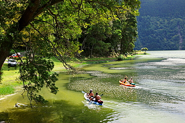 Lagoa Verde lake near Sete Cidades in the Caldeira, Island of Sao Miguel, Azores, Portugal