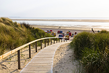 Boardwalk in the dunes to the beach, Langeoog Island, North Sea, East Frisian Islands, East Frisia, Lower Saxony, Germany, Europe