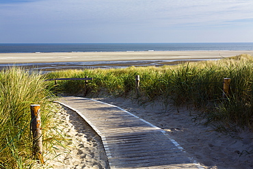 Boardwalk in the dunes to the beach, Langeoog Island, North Sea, East Frisian Islands, East Frisia, Lower Saxony, Germany, Europe