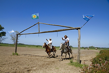 Carrera de sortija (Race of the Ring), traditional game where a Gaucho gallops under a wooden arch and tries to pass a pin through a small ring hanging from an arch, Estancia Santa Susana, Los Cardales, Provincia de Buenos Aires, Argentina