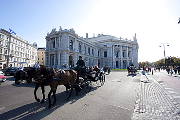 Fiaker (Viennese two-horse hackney carriage) by the Burgtheater (Imperial Court Theatre), Vienna, Wien, Austria