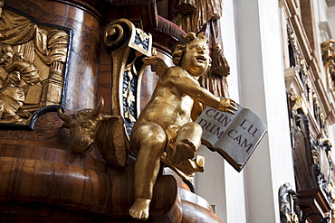 Detail of the pulpit in the Chorherrenstift church, Duernstein in Wachau, Lower Austria, Austria