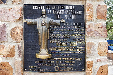 Plaque on the Statue of Cristo de la Concordia, Cochabamba, Bolivia