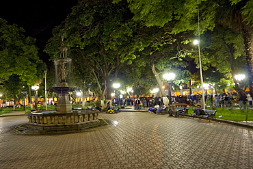 Fountain on Plaza 14 de Septiembre at night, Cochabamba, Bolivia