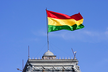 Bolivian flag atop the Government Palace, currently Prefectura del Departamento de Chuquisaca, Sucre, Chuquisaca Department, Bolivia