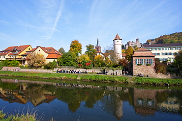 Kittsteintor reflected in the Tauber River, Wertheim am Main, Baden-WâˆšÂºrttemberg, Germany