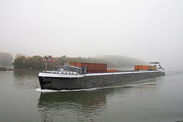 Riverboat on the Main River in the fog, Mainz, Rhineland-Palatinate, Germany