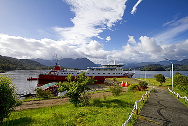 MV Skorpios moored in Quitralco Fjord, AisâˆšÂ©n Region, Chile