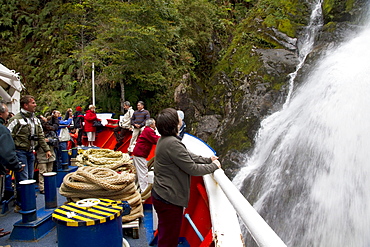 MV Skorpios next to a waterfall in Quitralco Fjord, AisâˆšÂ©n Region, Chile