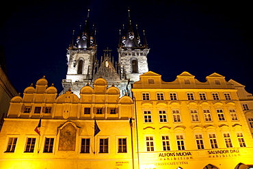 Houses on the Old Town Square with the Church of Our Lady before Tyn at night, Prague, Czech Republic