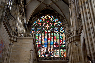 Southern stained glass window with a scene of the Last Judgement by Max Svabinsky in St. Vitus Cathedral, Prague, Czech Republic