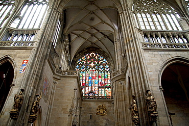 Southern stained glass window with a scene of the Last Judgement by Max Svabinsky in St. Vitus Cathedral, Prague, Czech Republic