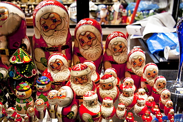 Santa Claus dolls in a window, Prague, Czech Republic