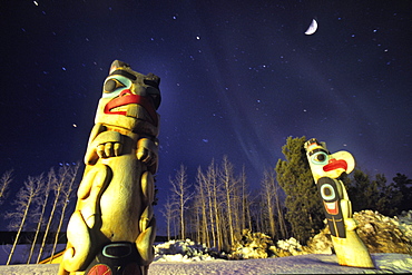 Totems and Aurora Borealis, Teslin, Yukon