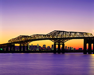 St.Lawrence River, Champlain Bridge and Downtown at Twilight, Montreal, Quebec