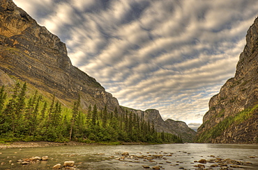 Second Canyon on South Nahanni River with river and layered clouds, Nahanni National Park, Northwest Territories