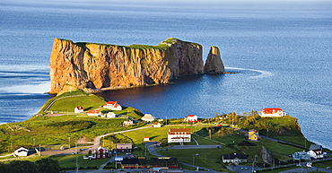 Village and Perce Rock at sunset, Perce, Gaspesie, Quebec