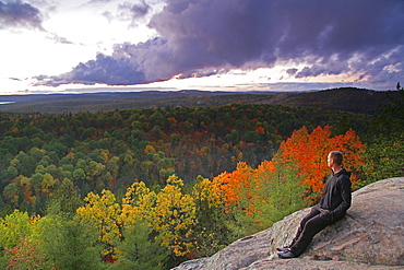 Hikers on Lookout Trail at Sunset in Autumn, Algonquin Park, Ontario