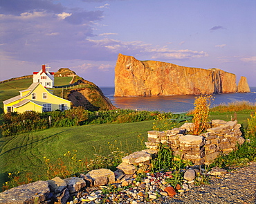 Houses and Perce Rock at Sunset, Gaspesie, Quebec