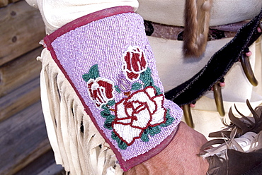 Close Up of a Cree Nation Men's Buckskin Hand Beaded Cuff, Kamloopa Pow Wow, Kamloops, British Columbia