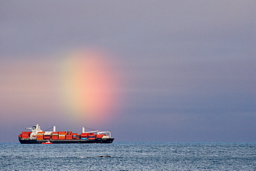 Pilot Boat alongside a Container Ship with a Rainbow, Victoria, British Columbia