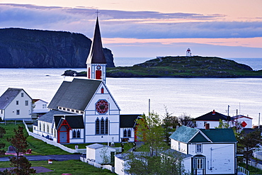 View of Village, Old Trinity Church and Lighthouse at Dawn, Trinity, Newfoundland