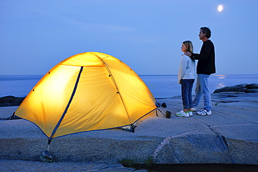 Father and Daughter beside Tent, St. Lawrence Marine Park, Les Bergeronnes, Quebec