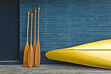 Yellow canoe and paddles on dock, Algonquin Park, Ontario