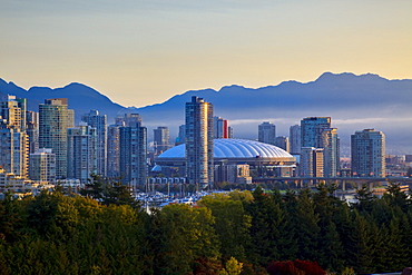 BC Place Stadium and North Shore Mountains, venues for the 2010 Winter Olympics, Vancouver, British Columbia