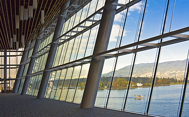 Interior of Vancouver Convention Centre, media center for Winter Olympics 2010, with view of Burrard Inlet, Stanley Park and North Shore, Vancouver, British Columbia